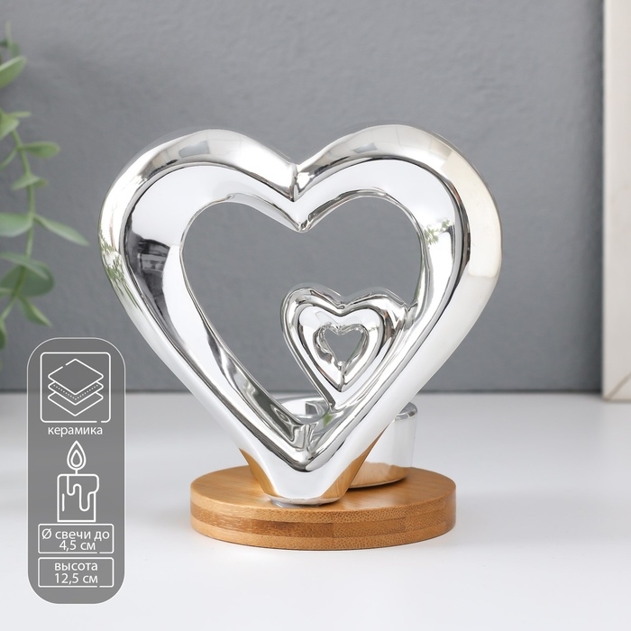 Подсвечник керамика на 1 свечу  Подсвечник керамика на 1 свечу "Два сердца" серебро 11х8х12,5 см