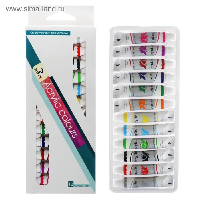Краски акриловые, 12 цветов, в пластиковой тубе, 9 мл, в картонной коробке Краски акриловые, 12 цветов, в пластиковой тубе, 9 мл, в картонной коробке