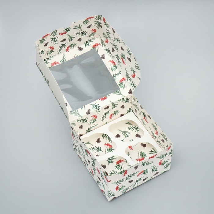 Коробка для капкейков складная с двусторонним нанесением «Снегири», 16 х 16 х 10 см, Новый год Коробка для капкейков складная с двусторонним нанесением «Снегири», 16 х 16 х 10 см, Новый год
