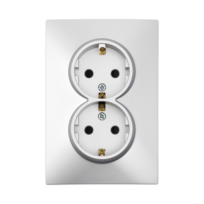 Розетка двухместная TOT Elegant, 16 А, скрытая, с з/к, серебристая Розетка двухместная TOT Elegant, 16 А, скрытая, с з/к, серебристая