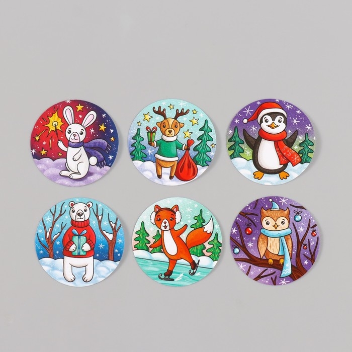 Наклейка бумага Наклейка бумага "Зверята - Зимние праздники" d=2,5 см 252 шт в рулоне