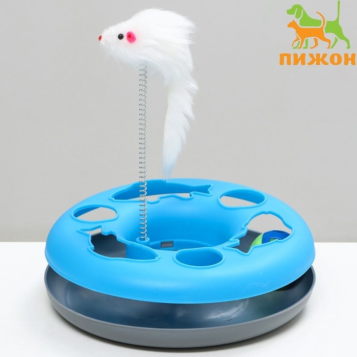 Игрушка для кошек  Игрушка для кошек "Загадочный круг - Рыбки", мышь на пружине и шарик, 23 х 7 см, голубая/серая 79161