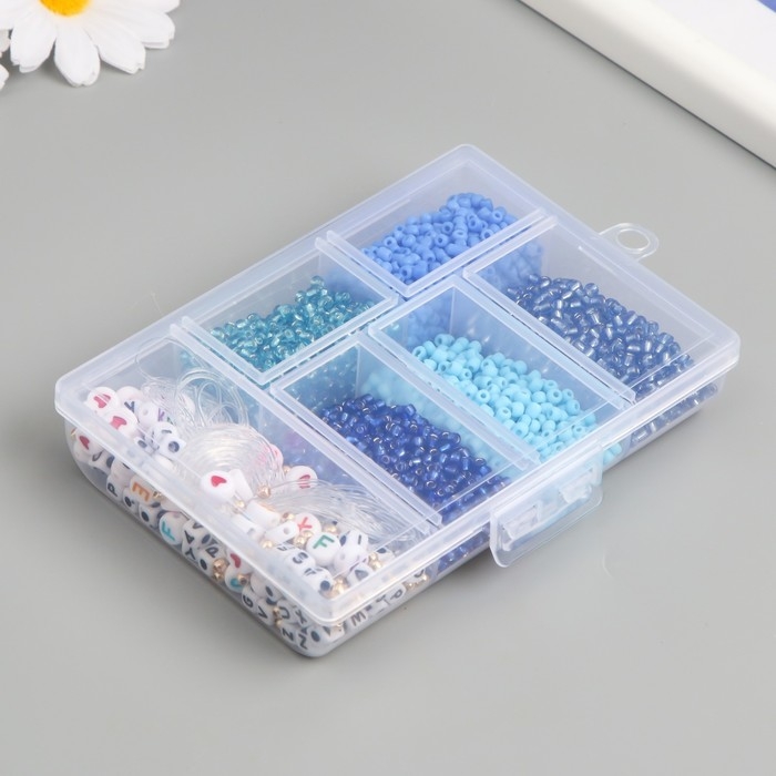 Бисер стекло 8/0 в шкатулке  Бисер стекло 8/0 в шкатулке "Синий" бусины + нить 0,8 мм 5 м 12х8,4х2,2 см