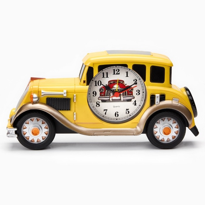 Часы настольные будильник детский с подсветкой Часы настольные будильник детский с подсветкой "Жёлтая машина", с подвесом, циферблат d-7 см, 24 х 4