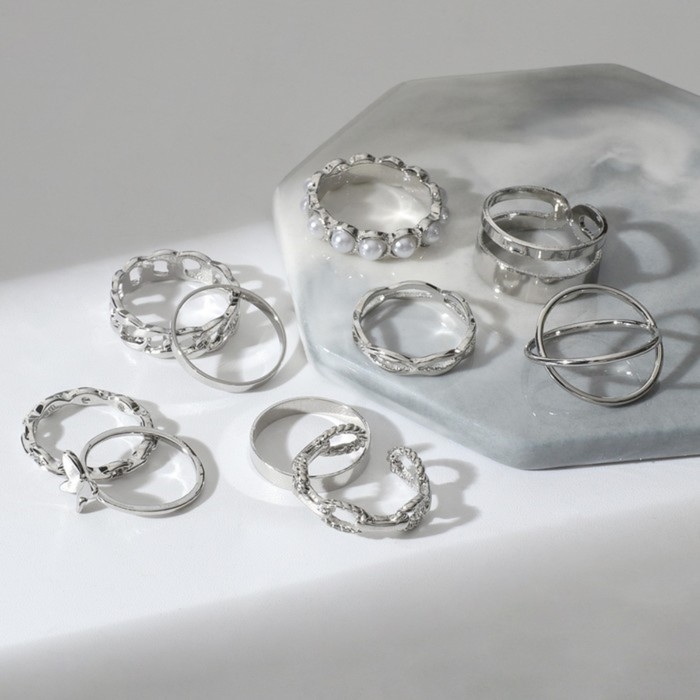 Набор колец 10 штук «Тренд» леди, цвет белый в серебре, размер МИКС