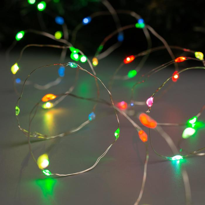 Гирлянда &laquo;Нить&raquo; 5 м роса, IP20, серебристая нить, 100 LED, 2 режима, батарейки AAх3 (нет в комплекте), свечение мульти (RGB)
