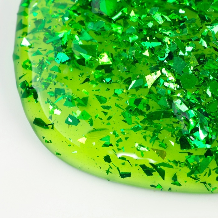 Слайм «Стекло» с зелёными блёстками слюда Слайм «Стекло» с зелёными блёстками слюда