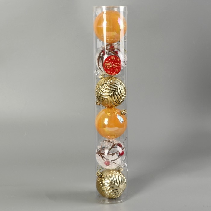 Набор шаров пластик d-8 см, 6 шт Набор шаров пластик d-8 см, 6 шт "Мелодия" веточки глянец, золото