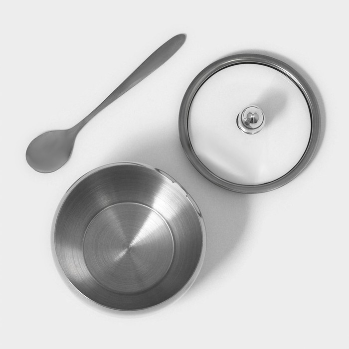 Сахарница из нержавеющей стали с крышкой и ложкой Доляна, 250 мл, 8,5×10 см, цвет серебряный Сахарница из нержавеющей стали с крышкой и ложкой Доляна, 250 мл, 8,5×10 см, цвет серебряный