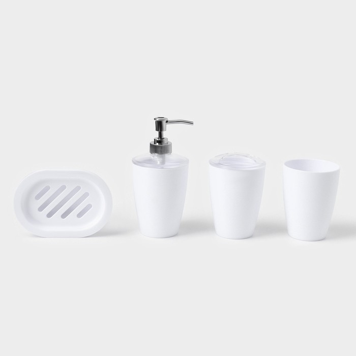 Набор для ванной «Эталон», 4 предмета: дозатор для мыла, мыльница, 2 стакана, 24×8×17 см, цвет белый Набор для ванной «Эталон», 4 предмета: дозатор для мыла, мыльница, 2 стакана, 24×8×17 см, цвет белый
