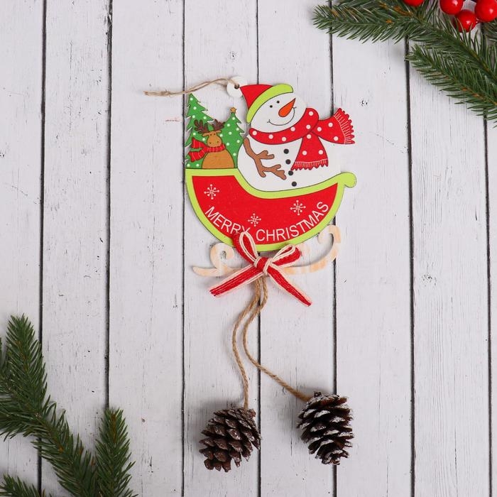 Украшение ёлочное Украшение ёлочное "Сани с шишками" снеговик 10х23 см