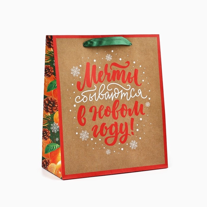 Пакет подарочный новогодний крафтовый вертикальный «Мечты сбываются», ML 23 х 27 х 11.5 см , Новый год