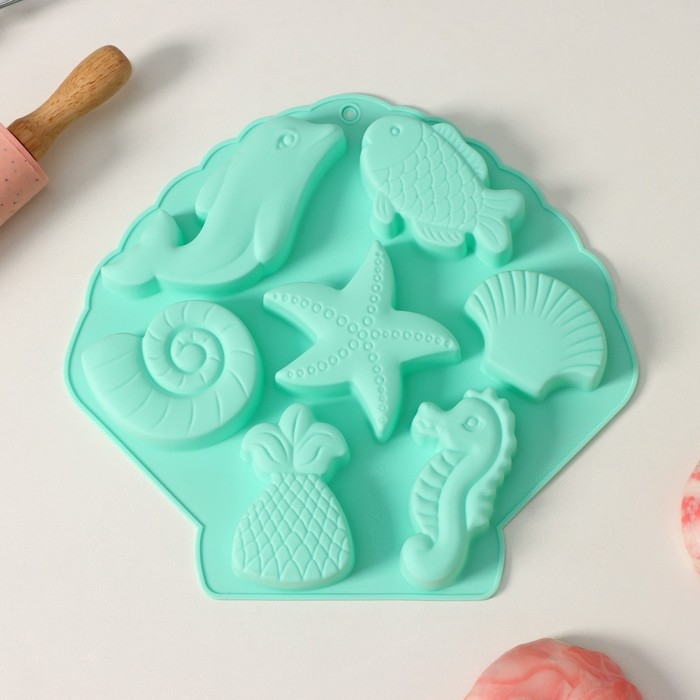 Форма для выпечки Доляна «Морские обитатели», силикон, 26×24×2,5 см, 7 ячеек, цвет бирюзовый Форма для выпечки Доляна «Морские обитатели», силикон, 26×24×2,5 см, 7 ячеек, цвет бирюзовый
