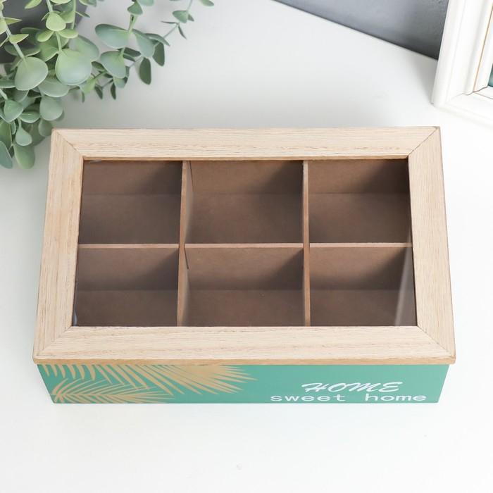 Шкатулка дерево с делениями  Шкатулка дерево с делениями "Пальмовые листья" зелёная с золотом 7х16,5х24 см