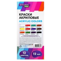 Краска акриловая в тубе, набор 12 цветов х 12 мл, BRAUBERG HOBBY, 192403