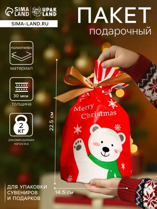 Пакет полиэтиленовый подарочный новогодний &laquo;Белый медведь&raquo;, с завязками, 14.5&times;22.5 см