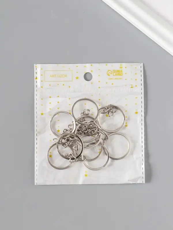 Основа для брелока, с цепочкой, плоская, d=25 мм, 10 шт., цвет серебряный