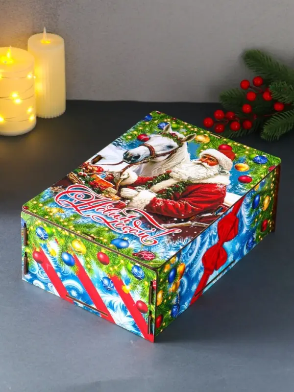 Шкатулка-ящик  самосборный большой  с символом года "Дед Мороз и лошадь", 28х19,5х11 см