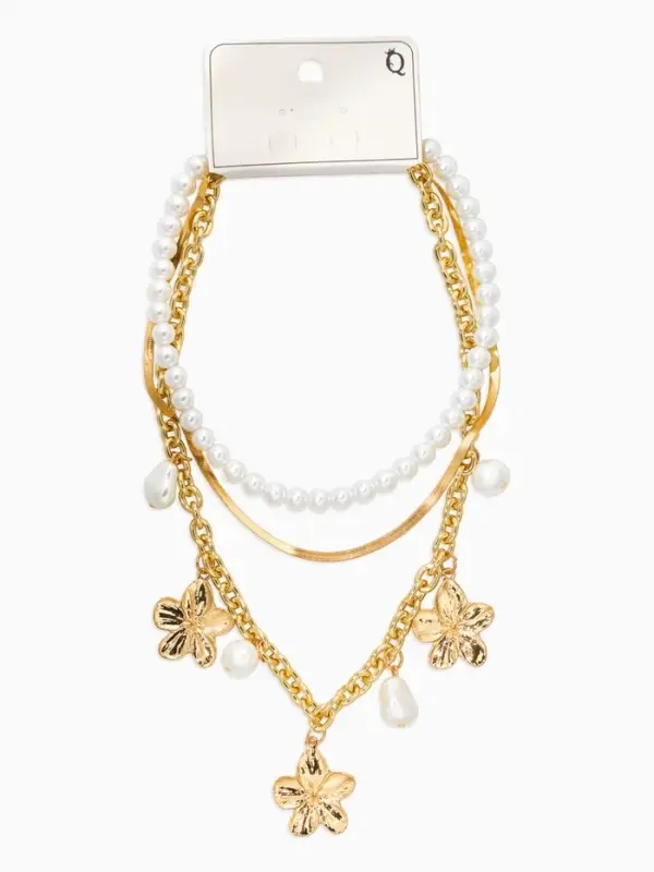 Колье медь "Жемчуг с цветами" (набор 3шт), 34/36/40см цвет белый в золоте