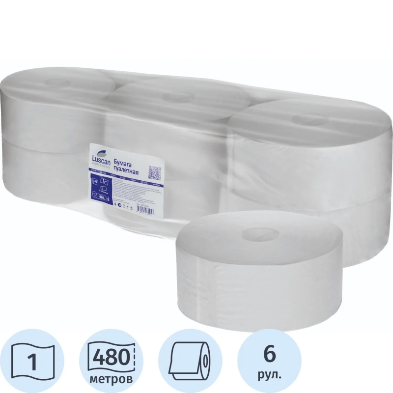 Бумага туалетная д/дисп Luscan Professional 1сл белая втор 480м 6рул/уп