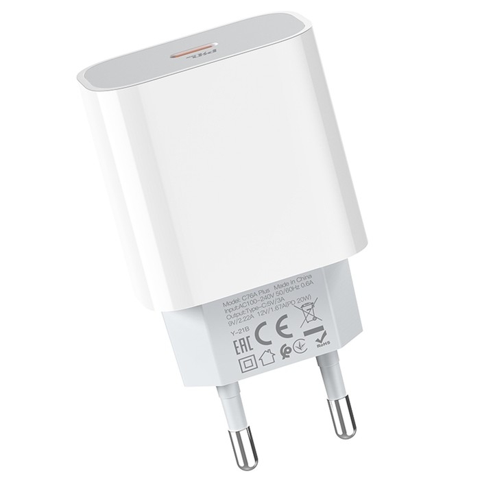 Сетевое зарядное устройство Hoco C76A Plus, Type-C - PD/QC 20 Вт 3 А, белый Сетевое зарядное устройство Hoco C76A Plus, Type-C - PD/QC 20 Вт 3 А, белый