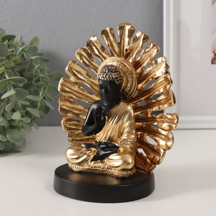 Сувенир полистоун  Сувенир полистоун "Будда. Пальмовый лист" золото и чёрный 14,5х9х17,5 см