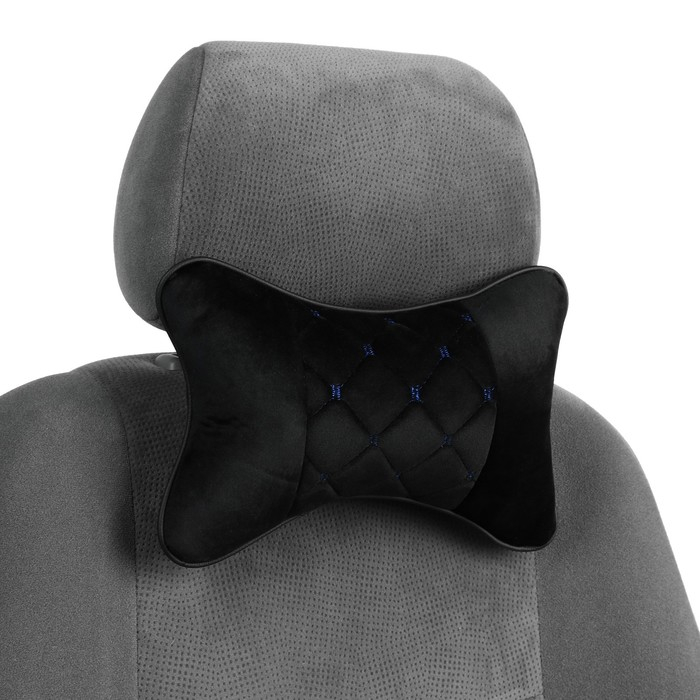 Подушка автомобильная косточка, на подголовник, 27×17 см, велюр, чёрный с синей строчкой Подушка автомобильная косточка, на подголовник, 27×17 см, велюр, чёрный с синей строчкой