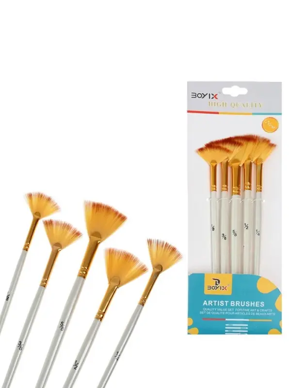 Набор кистей для рисования, синтетика, 5 штук: № 1/8, 3/8, 5/8, 1/2, 1/4, плоские, веерные, деревянная ручка, международный размер