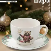 Чайная пара новогодняя Доляна &laquo;Сказки зимнего леса&raquo;, 2 предмета: чашка 210 мл, блюдце d=15.5 см, фарфор, белая