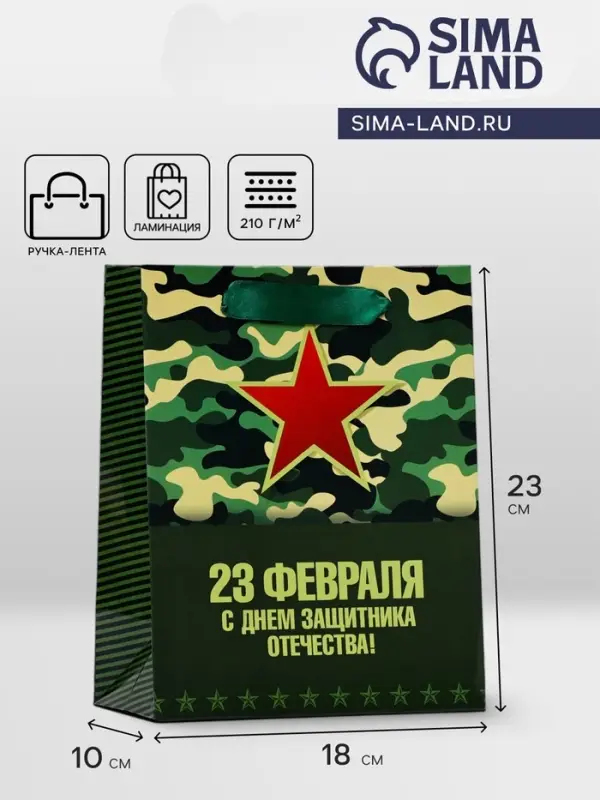 Пакет подарочный ламинированный вертикальный &laquo;23 февраля&raquo;, 18&times;23&times;10 см