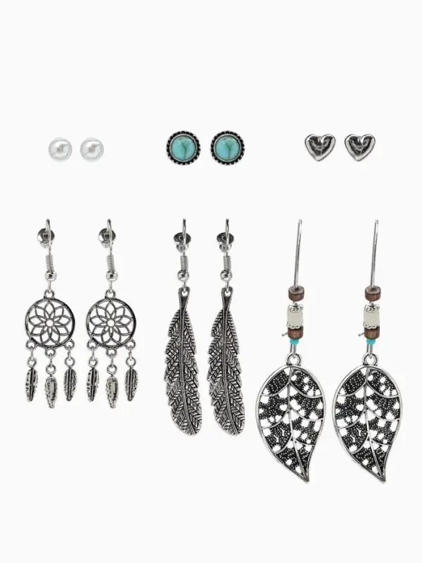Набор серег QF &laquo;Хиппи&raquo;, 6 пар, ловец снов, цветные в чернёном серебре