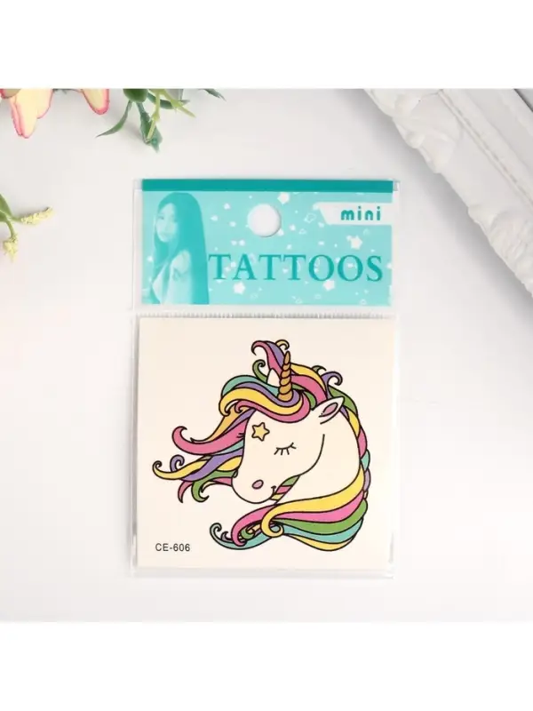 Переводная тату на тело цветная «Единорог с радужной гривой», 6×6 см