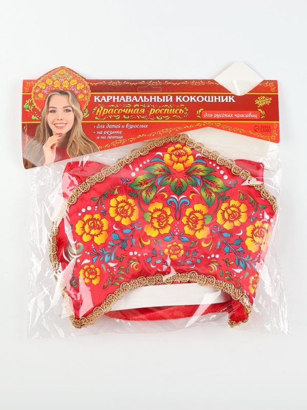 Карнавальный кокошник  Карнавальный кокошник "Красочная роспись", цвет красный, р-р 54-58