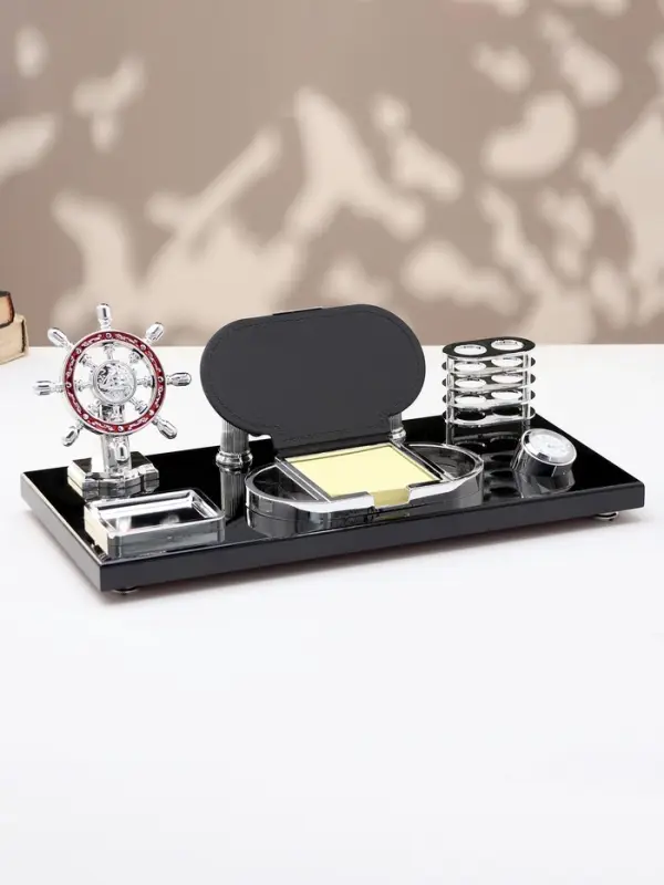 Набор настольный канцелярский 6 в 1 с визитницей и часами, черное дерево