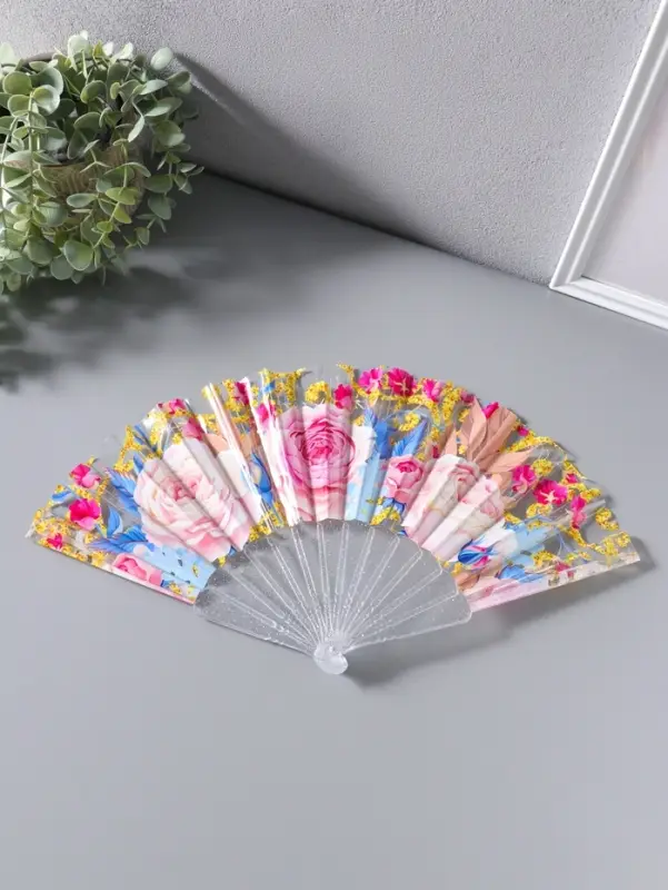 Веер складной пластик &laquo;Чайные розы&raquo;, блеск, 23 см