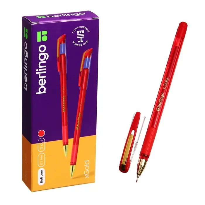 Ручка шариковая Berlingo. xGold, красный стержень, игольчатый узел 0.7 мм, резиновый упор, красный корпус