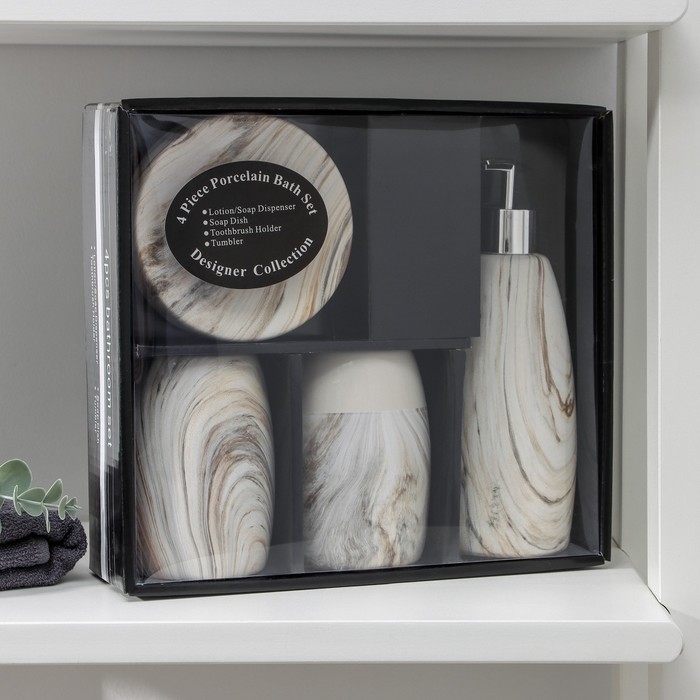 Набор аксессуаров для ванной комнаты «Мрамор», 4 предмета (дозатор 450 мл, мыльница, 2 стакана), цвет бежевый Набор аксессуаров для ванной комнаты «Мрамор», 4 предмета (дозатор 450 мл, мыльница, 2 стакана), цвет бежевый