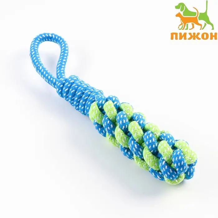 Игрушка канатная, плетёная с ручкой, 120 г, до 31 см, синяя, зелёная