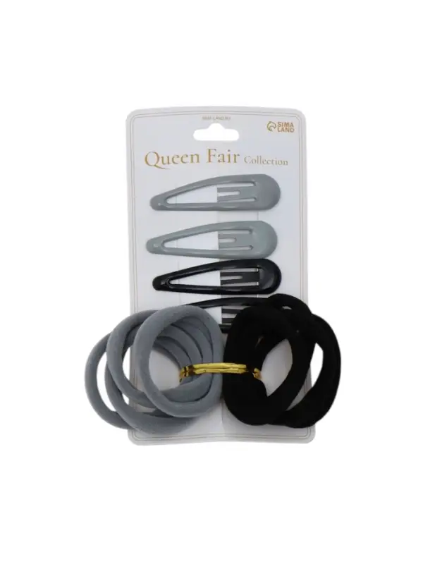 Набор для волос QF &laquo;Мира&raquo;, 12 шт.: 4 заколки 5 см, 8 резинок 3.5 см, серо-чёрный