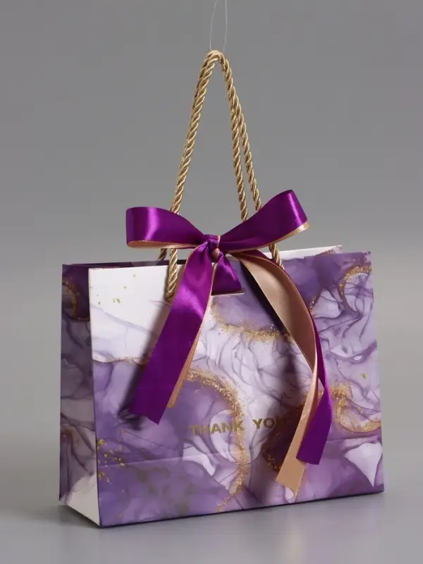 Пакет подарочный "Мрамор", фиолетовый с бантиком, 19 х 15 х 7 см