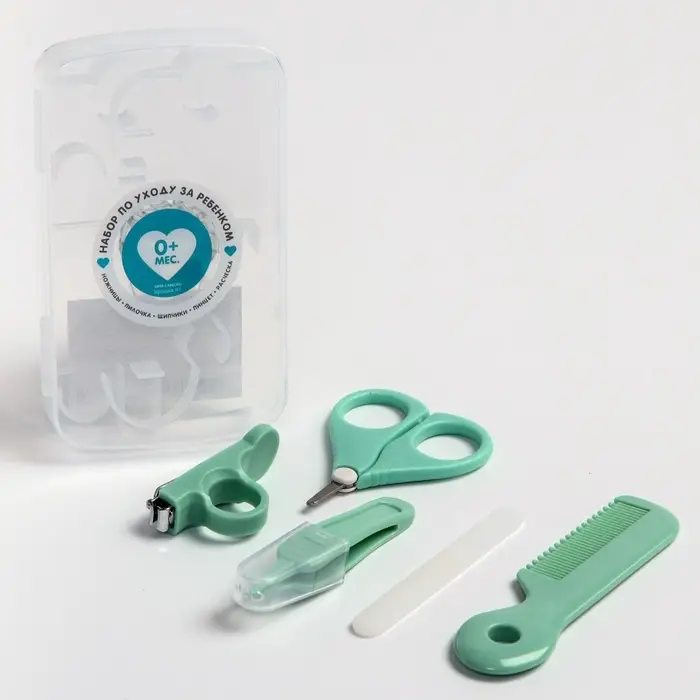 Набор по уходу за ребенком, 5 предметов: расческа, пинцет, ножницы, книпсер, пилка, зеленый