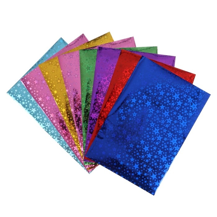 Набор бумаги голографической самоклеящейся  Набор бумаги голографической самоклеящейся "Звезды" А4, 8 листов, 8 цветов, рисунок, 80 г/м2