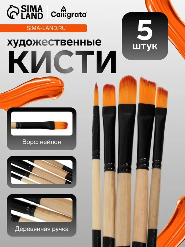 Набор кистей для рисования, нейлон, 5 штук: круглая, плоские, международный размер