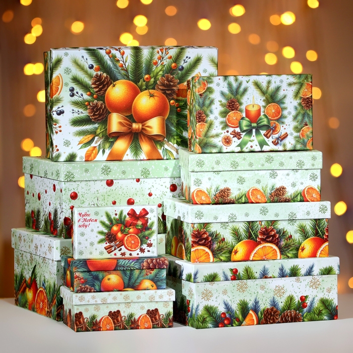 Набор подарочных новогодних коробок 10 в 1 Набор подарочных новогодних коробок 10 в 1 "Мандариновое счастье", 32,5 х 20 х 12,5 - 12 х 7 х 4 см. Новый год