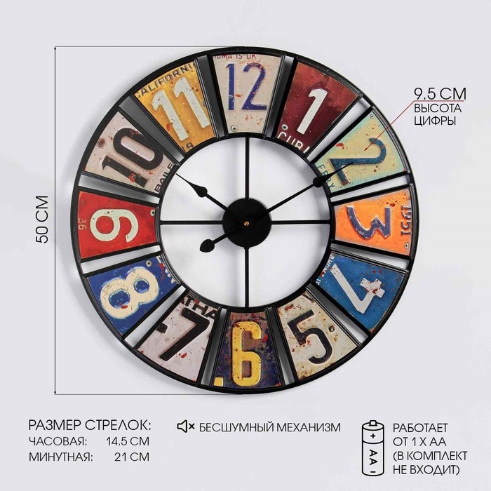 Часы настенные, серия: Лофт, Часы настенные, серия: Лофт, "Номера", плавный ход, d-50 см