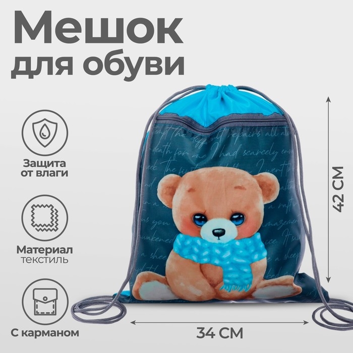 Мешок для обуви с карманом 420 х 340 мм, Calligrata МСО-7С, (мягкий полиэстер, плотность 210D),  Мешок для обуви с карманом 420 х 340 мм, Calligrata МСО-7С, (мягкий полиэстер, плотность 210D), "Мишка"