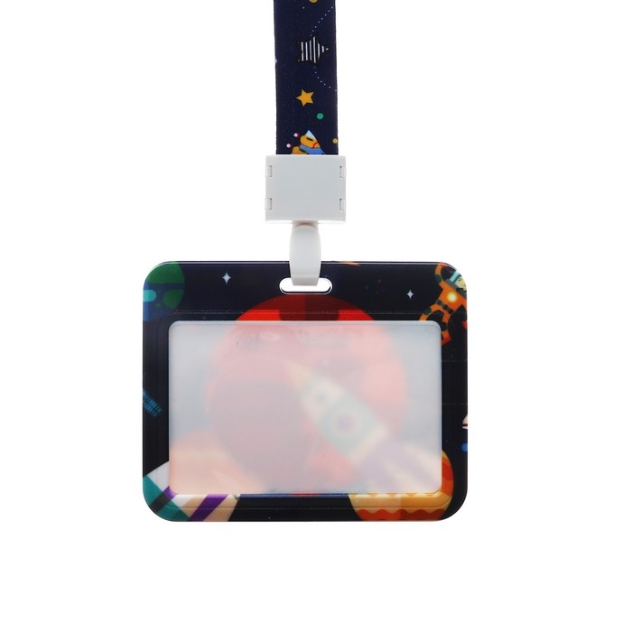 Бейдж горизонтальный внешний размер 10 х 7,8 см, внутренний размер 5,2 х 8,2 см, лента 42 см, с рисунком  Бейдж горизонтальный внешний размер 10 х 7,8 см, внутренний размер 5,2 х 8,2 см, лента 42 см, с рисунком "Космос"