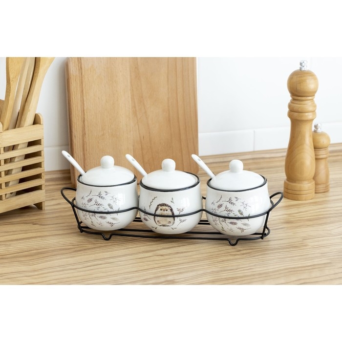 Банки керамические для специй на металлической подставке «Ёжик», 200 мл, 3 шт Банки керамические для специй на металлической подставке «Ёжик», 200 мл, 3 шт