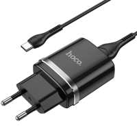 Сетевое зарядное устройство Hoco N1, 1 USB, 2.4 А, кабель Type-C-USB, 1 м, чёрное