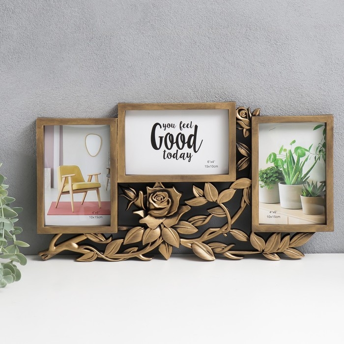 Фоторамка пластик на 3 фото 10х15 см  Фоторамка пластик на 3 фото 10х15 см "Роза в листьях" состаренное золото 40х21,5 см